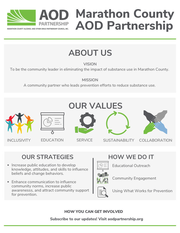 ABOUT US - VISION: To be the community leader in eliminating the impact of substance use in Marathon County. MISSION: A community partner who leads prevention efforts to reduce substance use. Click to read more